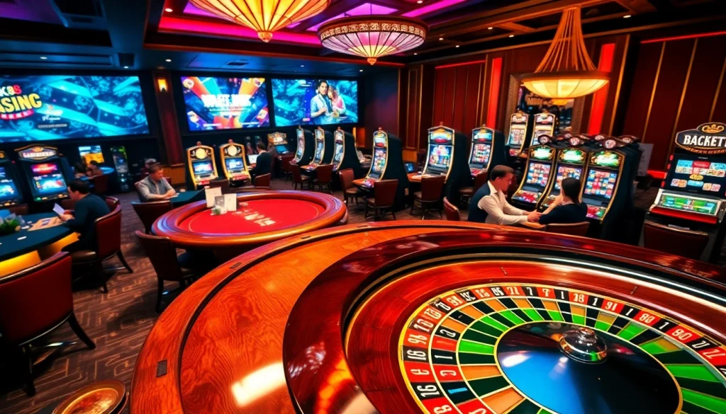 Engaging BK8 เว็บตรง players enjoying a thrilling casino atmosphere with roulette and slots.