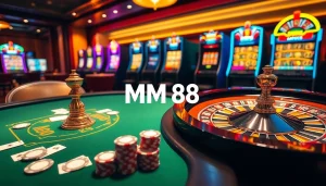 Experience the thrill of MM 88 in a luxurious casino setting, featuring poker tables, roulette wheels, and slot machines.