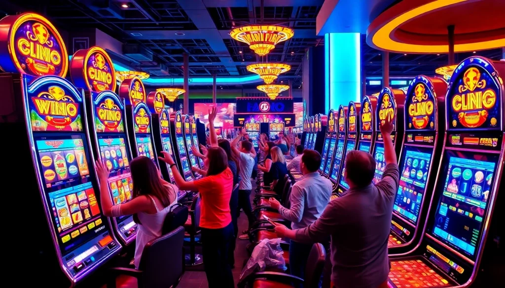 Menangkan slot depo 1000 dengan suasana kasino yang cerah dan pemain merayakan keberuntungan mereka.