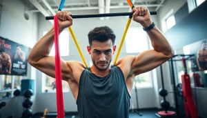 Fit individual performing pull-ups using stretch bands for pull-ups in a vibrant gym setting.