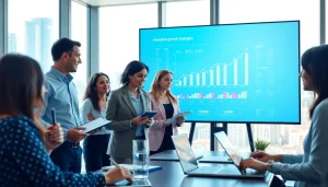 Engaging discussion on growth strategy trends with a diverse business team in a modern office.