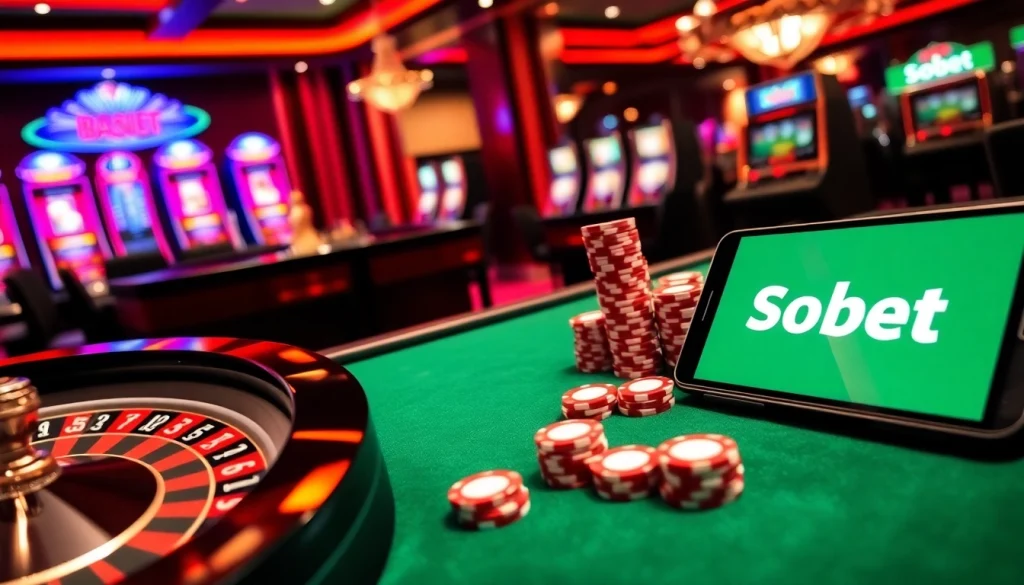 Engaging scene of sbobet link alternatif on a mobile device amidst casino excitement featuring poker chips, roulette.