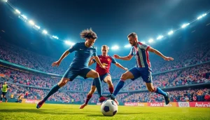 Exciting soccer action reflecting today's ผลบอลคืนนี้, highlighting player rivalry and stadium energy.