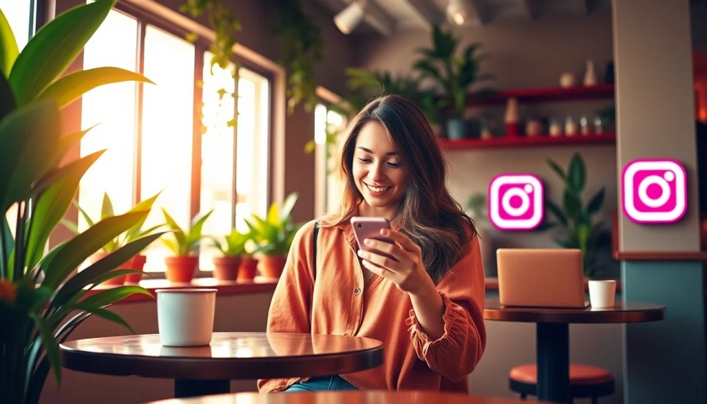 Find OnlyFans creators from Instagram by showcasing a stylish woman in a trendy café with her smartphone.