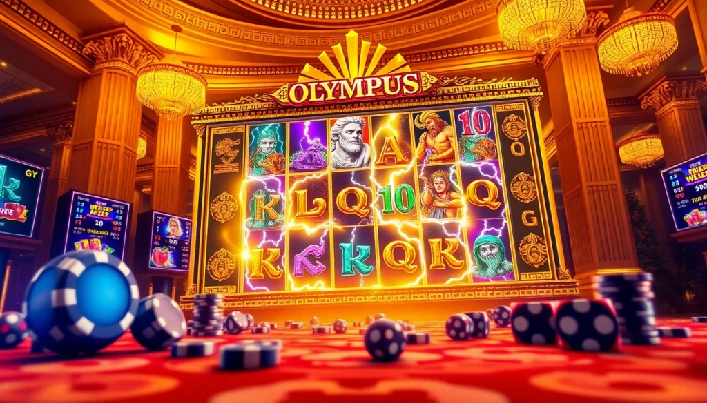 Putar gulungan permainan slot Olympus di latar belakang kasino virtual yang mewah.