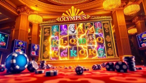 Putar gulungan permainan slot Olympus di latar belakang kasino virtual yang mewah.