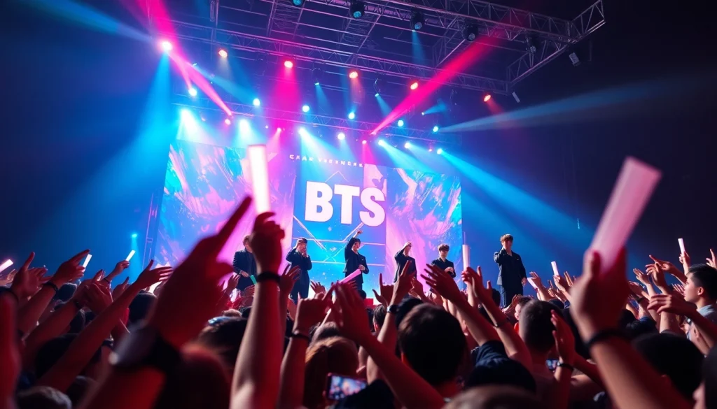 BTS news updates showcasing a vibrant concert scene with fans enjoying the performance.