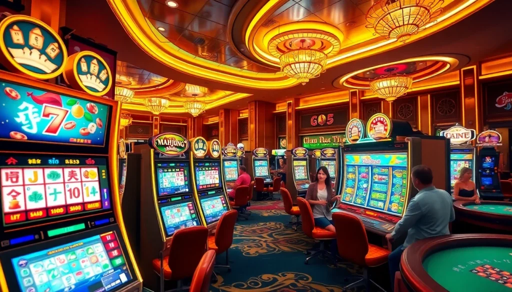 Experience the thrill of a mahjong slot demo amidst vibrant casino action and colorful machines.