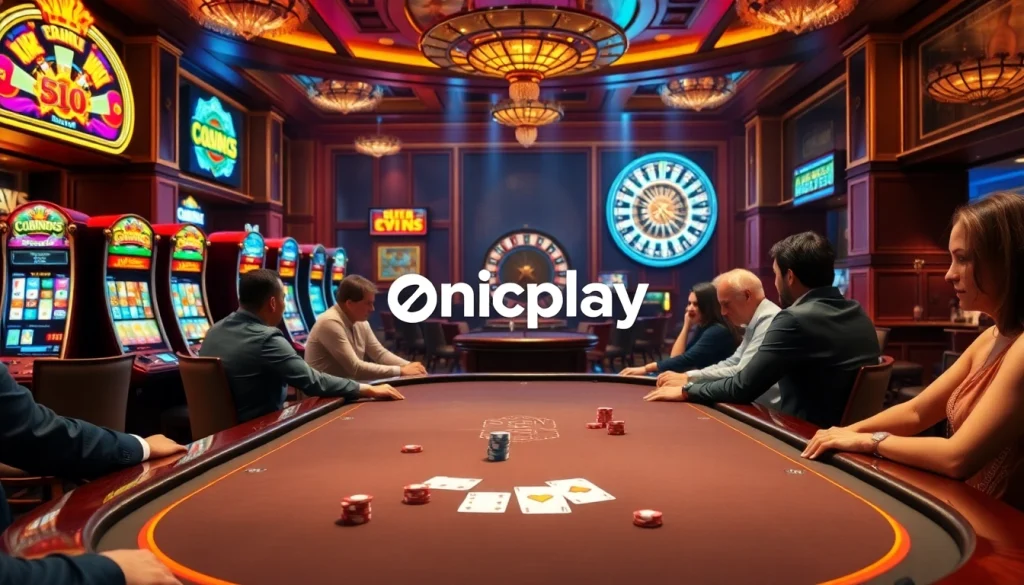 Experience the excitement of onicplay with a luxurious casino scene featuring poker tables and slot machines.