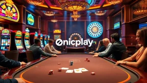 Experience the excitement of onicplay with a luxurious casino scene featuring poker tables and slot machines.