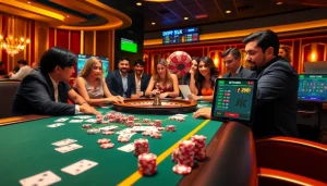 Experience the thrill of depo 5k at an elegant casino table with excited players and vibrant chips.