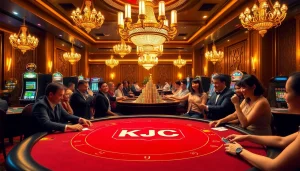 KJC players enjoying a thrilling game of poker at a vibrant casino table.
