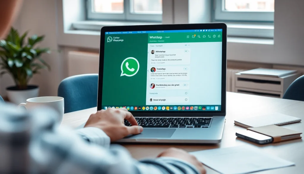 在笔记本电脑上展示 WhatsApp网页版 的引人入胜的工作区场景，强调现代沟通。