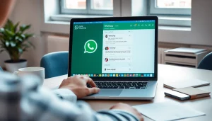 在笔记本电脑上展示 WhatsApp网页版 的引人入胜的工作区场景，强调现代沟通。