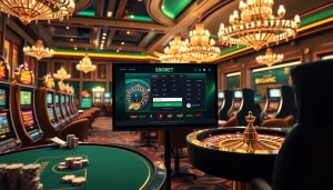 Sbobet login interface surrounded by vibrant casino elements, showcasing excitement in online gambling.