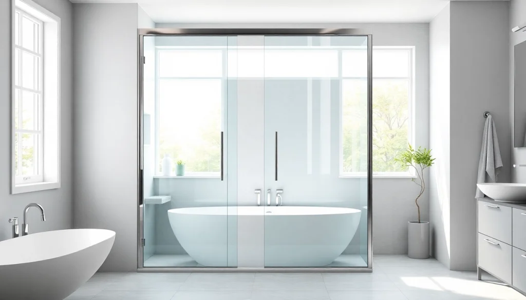 Showcase of glass shower doors highlighting sleek design in a modern bathroom.