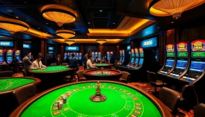 RR88 casino tables with excited players betting high stakes in a luxurious environment.