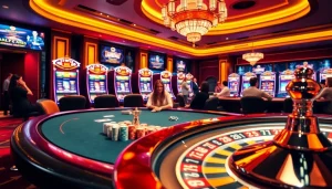 Players enjoying a thrilling game at the 28Bet casino with vibrant poker chips and lively atmosphere.