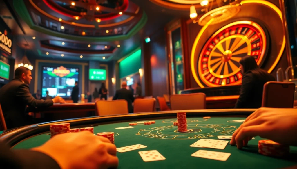 SODO Casino showcases an exciting poker scene with players and betting chips in an elegant setting.