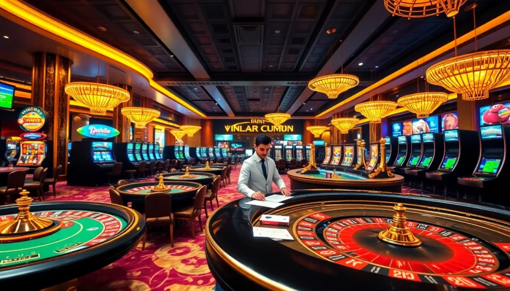 Dynamic gaming experience at nhà cái 789club with poker tables and slot machines in a luxurious casino setting.