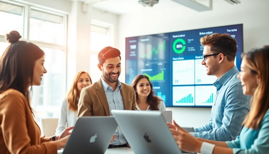 Engaged professionals exploring top sales job boards for new opportunities in a modern office.