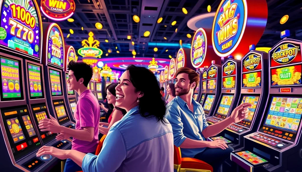 Menggairahkan bermain slot depo 1000 di kasino dengan mesin slot yang berwarna-warni dan pemain yang senang.
