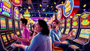 Menggairahkan bermain slot depo 1000 di kasino dengan mesin slot yang berwarna-warni dan pemain yang senang.