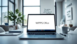 在现代办公空间的一台时尚笔记本电脑上显示的 WPS Office。