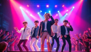 BTS news highlights the dynamic performance of the band with energetic stage lighting and cheering fans.