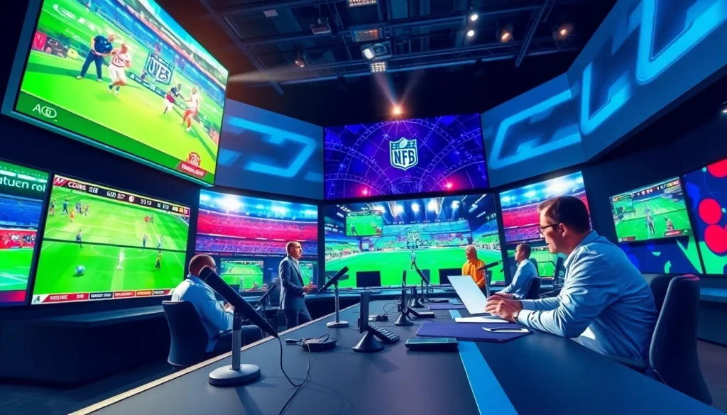 Captivating scene of sports broadcasting with analysts and live stats in a professional studio.