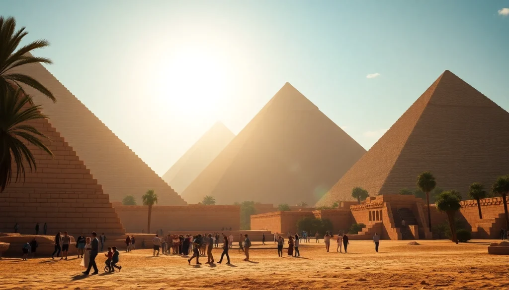 Tourists marveling at the majestic pyramids, showcasing the beauty of piraminds against a bright sky.