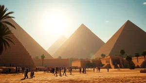 Tourists marveling at the majestic pyramids, showcasing the beauty of piraminds against a bright sky.