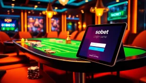 Sbobet login interface featured on a tablet amidst a dynamic casino setting, filled with poker chips and roulette wheels.