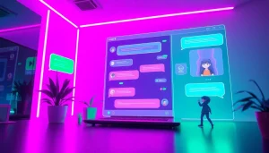 Interactive digital scene representing character ai nsfw platform interface with vibrant colors and chat elements.