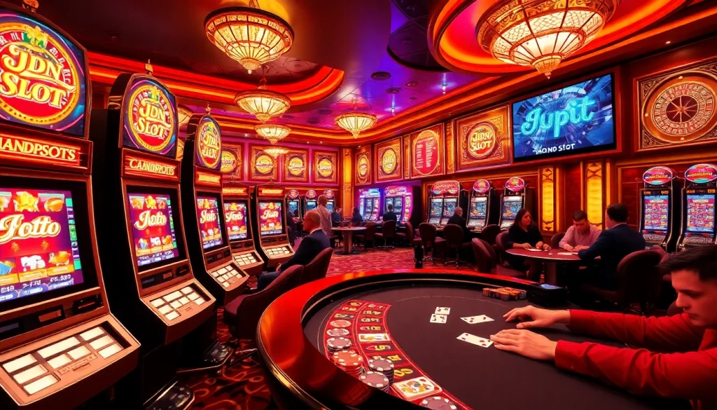 Players enjoying the thrill of the idn slot machines amidst vibrant casino decor.