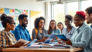Education in a modern classroom, showcasing collaboration and innovative learning techniques among diverse students and teachers.