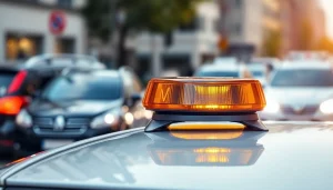 Warnleuchte V16 leuchtet hell auf dem Dach eines Autos in einer städtischen Umgebung.