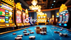 An immersive Onicplay online gambling experience featuring vibrant slot machines, poker chips, and dice.