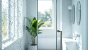 Showcasing glass shower doors with elegant detailing in a modern bathroom setting.