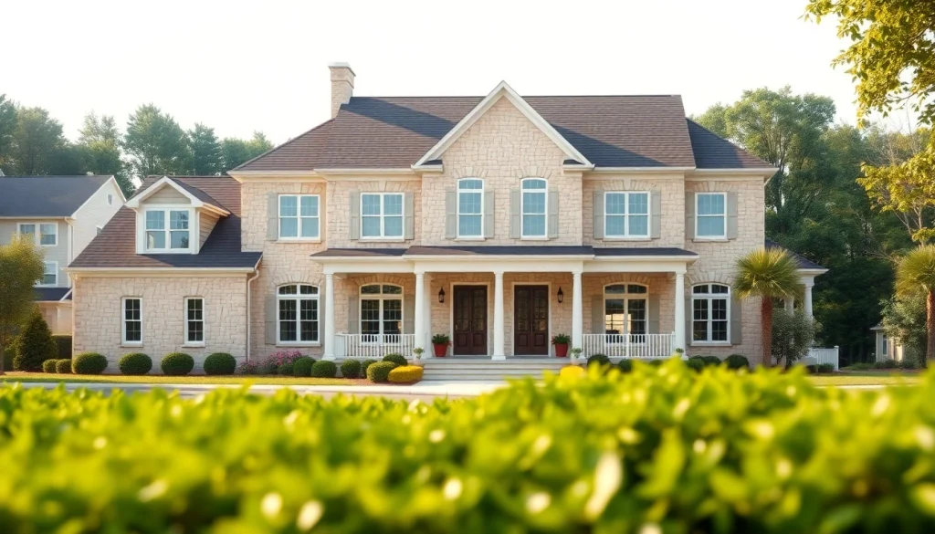 A beautiful Sharon Custom Colonial New Build displayed with elegant landscaping and intricate details.