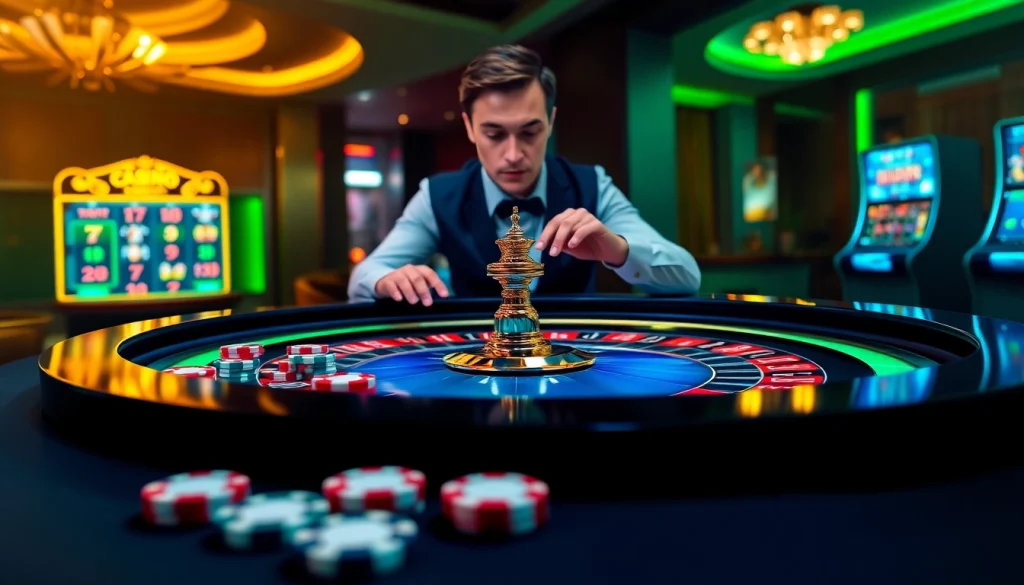 Vivez l'excitation d'un casino fiable en ligne avec notre interface de jeu numérique luxueuse mettant en avant des éléments de roulette et de poker.