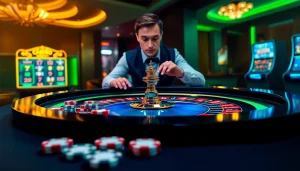 Vivez l'excitation d'un casino fiable en ligne avec notre interface de jeu numérique luxueuse mettant en avant des éléments de roulette et de poker.