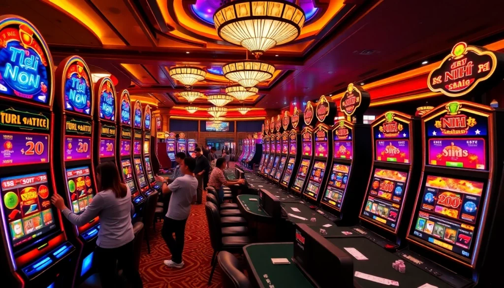 Players celebrating wins at nổ hũ slot machines in a vibrant casino setting.