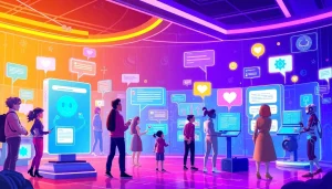 Dynamic scene showcasing interactions with nsfw ai chatbots in a futuristic digital landscape.