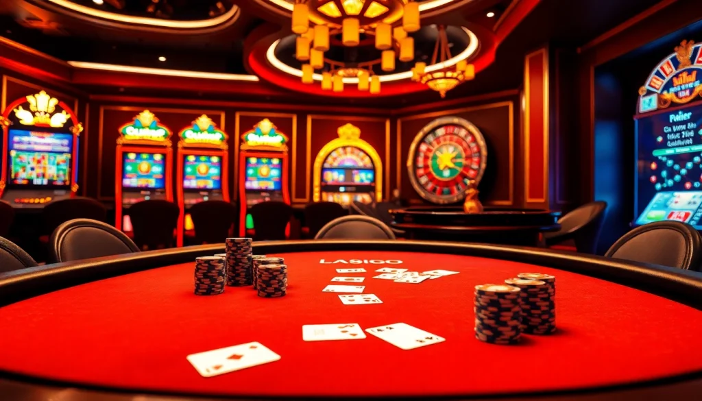 Vivez l'excitation du casino fiable en ligne à une table de poker luxueuse ornée de cartes et de jetons élégants.