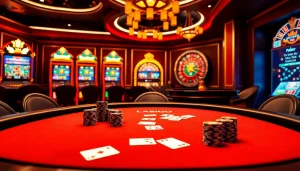 Vivez l'excitation du casino fiable en ligne à une table de poker luxueuse ornée de cartes et de jetons élégants.