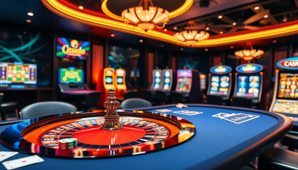 Scène excitante d'un casino fiable en ligne avec des éléments de jeu vibrants et une atmosphère professionnelle.