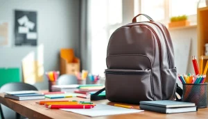 Handtasche für Schulen auf einem Schreibtisch mit bunten Schreibwaren.