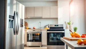 Showcase of home appliances in a modern kitchen, highlighting technology and design.