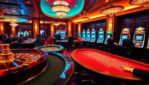 Une scène de casino vibrante mettant en avant des joueurs intenses et des jeux passionnants, mettant en lumière un casino fiable en ligne.